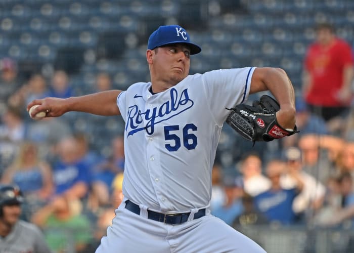 Jun 14, 2021; Kansas City, Missouri, USA; Kansas City Royals starting pitcher Brad Keller (56) delivers a pitch during the first inning against the Detroit Tigers at Kauffman Stadium. Mandatory Credit: Peter Aiken-USA TODAY Sports
